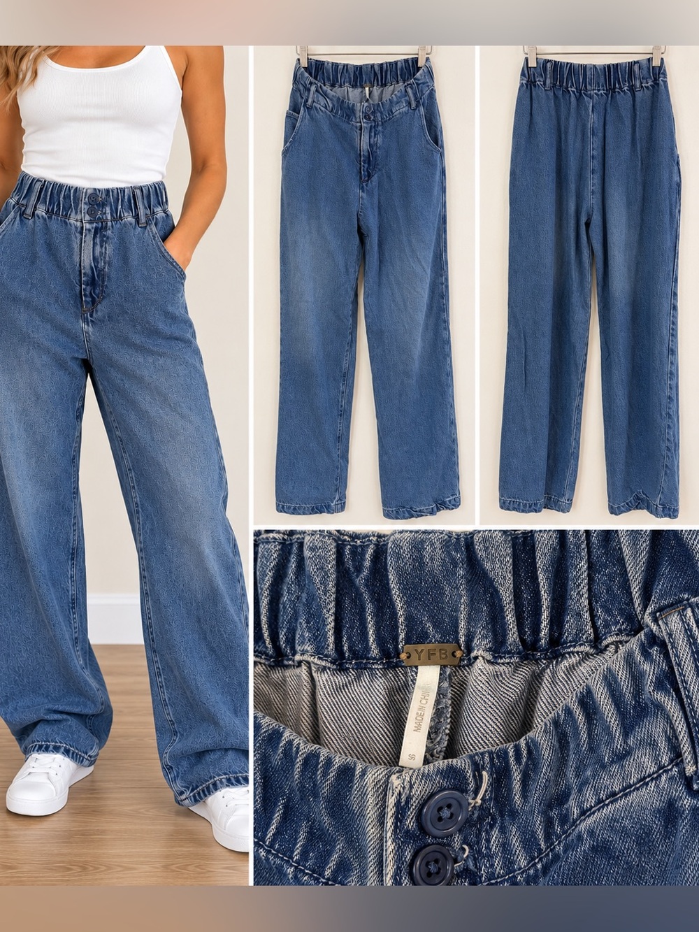 YFB Denim Wide-Leg Elastic Waist Jeans - Medium Blue